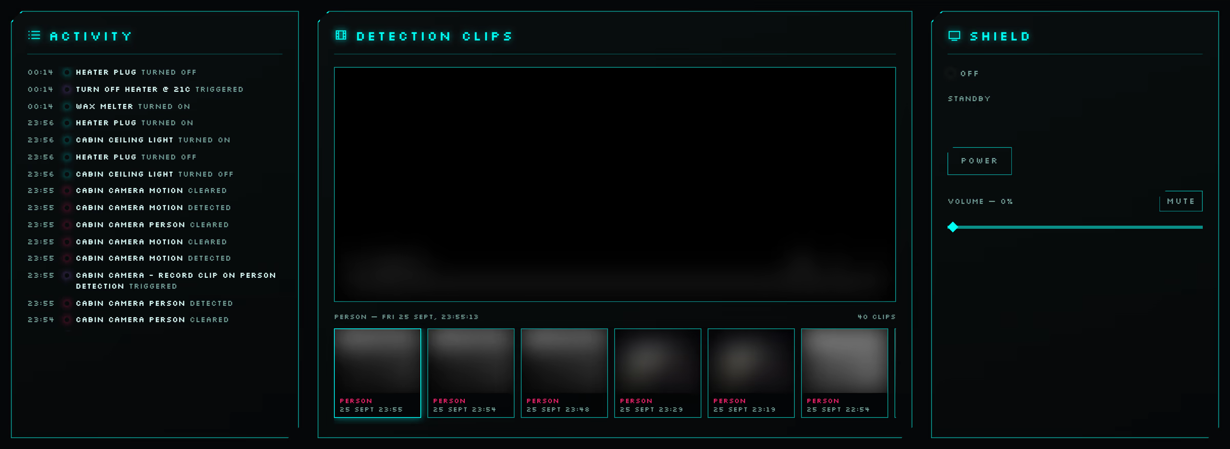 Activity log, detection clips gallery with blurred thumbnails, and the SHIELD media player card